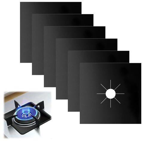 6Pcs Protectores Antiadherentes de Estufa a Gas 27 * 27cm, Protector Cocina Gas Resistente a las Manchas Resistente al Calor, Tapetes del Rango del Gas Quemador Cocina Reutilizables (Negro)