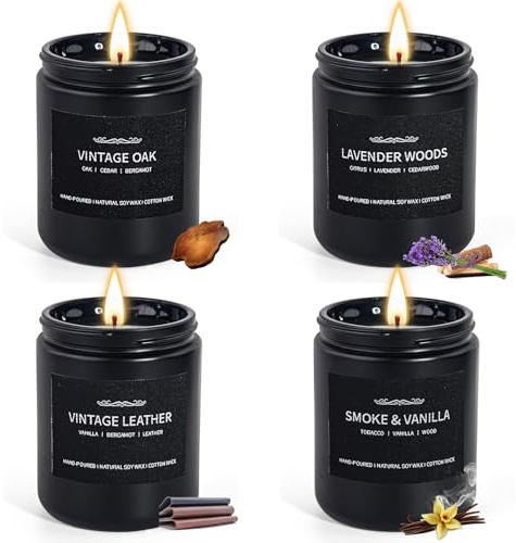 Scented Candles for Men, Scented Candles Set Soy Candles for Home Him,4 Pack Mens Father's Day Gifts Gifts for Men Scents of Leather/Oak/Lavender Wood/Smoky Vanilla