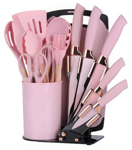 Küchenmesser Set 19-in-1, Küchenutensilien Set und Messer Set mit Block, schließen 11-PCS Silikon Kochutensilien Set 5 PCS Scharfe Edelstahl Kochmesser Schere und Schneidebrett ein (Rosa)