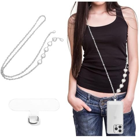 TOEECY Cordón Cadena Cruzado Móvil Corazón Metálico Colgante Soporte Teléfono Ajustable Correa Desmontable Plateado