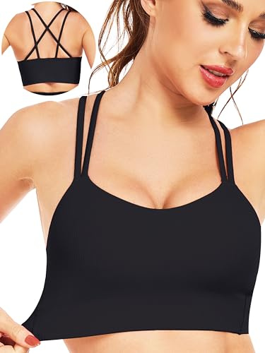 IBL Black Sports Bra for Women, Soft Supportive Molded Cup Full Coverage Scoop Neck Thin Straps Crisscross Back for Low Impact Training Fitness Black Small