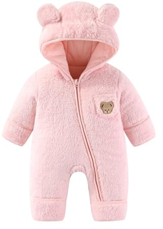 JiAmy nyfödd baby snödräkt fleece vinter snödräkter, björn med huva sparkdräkt tecknad baby flickor pojkar kläder kläder kläder 0-12 månader, Rosa, 0-3 Months