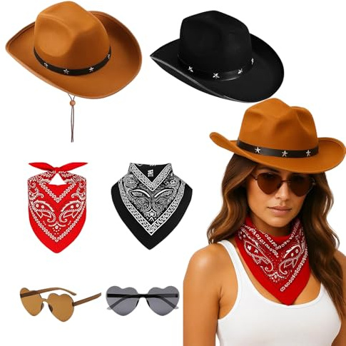 Brown Cowboy Hat,Cowboy Hat,6 Pcs Cowboy Accessories(Brown and Black), Accessories with Sunglasses and Neckerchiefs,for Men and Women, Halloween Party, Rodeo, Music Festival