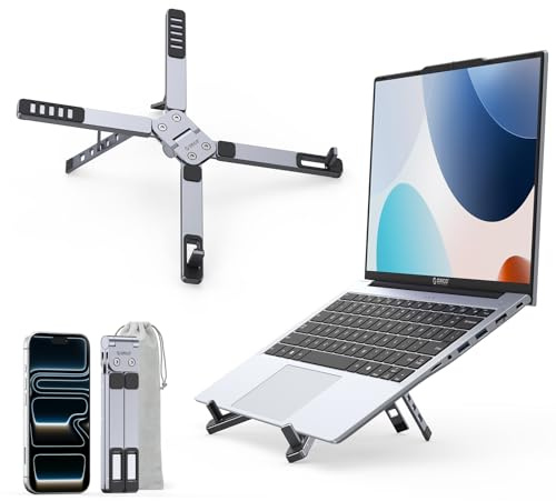 ORICO Portable Laptop Stand for Travel & Desk, Ultra-Compact Foldable Aluminum 3-in-1 Riser for Laptop, Tablet & Phone, 5 Adjustable Heights, Compatible with MacBook/HP/Dell/iPad/iPhone – PN1 (Gray)
