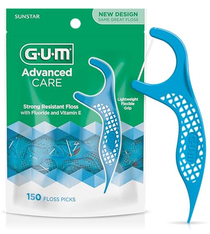 GUM Advanced Care Floss Picks - Dental Flossers for Adults with Vitamin E and Fluoride - Extra Strong Shred-Resistant Dental Floss, Easy Grip Handle, Fresh Mint Flavor, 150 Count