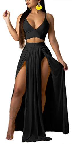 Women Sexy 2 Piece Outfits Dress Chiffon Strap Deep V Neck Bra Crop Top High Split Maxi Dresses Skirt Set Swimwear Cover Ups Black Large