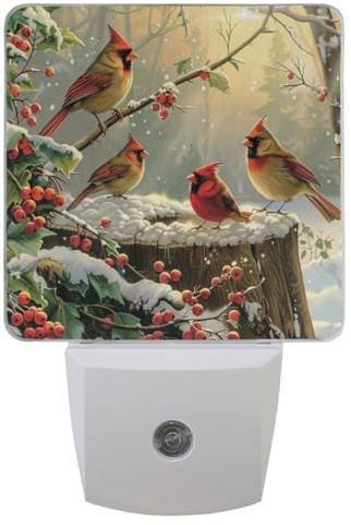 Vdsrup Winter Cardinal Birds Night Light Set of 2 Holly Berry Branches Snow Plug-in LED Nightlights Christmas Decorations Auto Dusk-to-Dawn Sensor Lamp for Bedroom Bathroom Kitchen Hallway Stairs