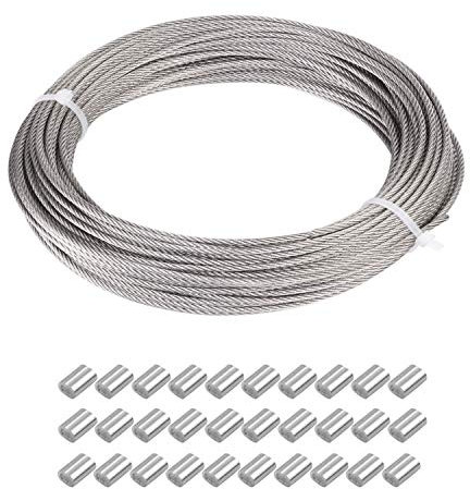 JZK 2 mm x 30 m Cable de acero inoxidable fino revestido de plástico con 30 manguitos de engarce, cuerda de alambre para colgar marcos de fotos con espejos