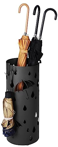 SONGMICS Umbrella Stand, Metal Umbrella Holder for Entryway, with Water Tray and 4 Hooks, 6.7 x 6.7 x 16.1 Inches, Round, Ink Black ULUC024B01