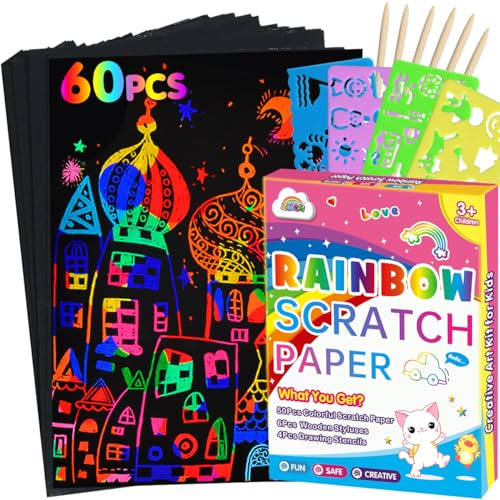 ZMLM Scratch Art for Kids – 60Pcs Rainbow Scratch Paper, Black Scratch Off Paper Craft Kit with Stencils, Arts and Crafts, Class Gifts, Travel Toys, Birthday Gifts for Boys Girls Ages 4-9 (Green)