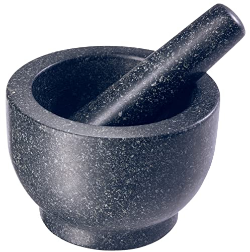 Gourmeo Mortaio con Pestello in Granito Resistente - Mortaio per il Pesto e con Interno Ruvido - Pestino Profondo 7 cm per Spezie e Erbe - Strumento Grande e Resistente