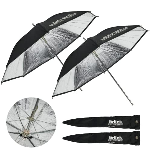 BRITEK [2 st] Professionell studio 60 cm svart + silver reflektor fotografi paraply med ärm, metalldelar för porträtt video blixt foto