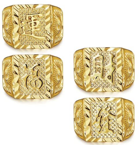 MILACOLATO 4pcs Men's Gold Plated Wedding & Kanji Ring Set - Rich/Luck/Wealth Rings, Adjustable & Chunky, Perfect for Halloween