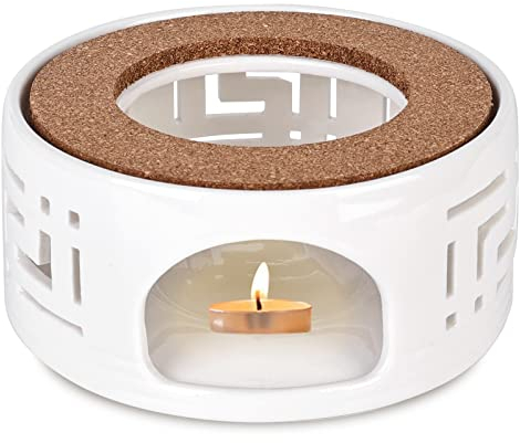 Vegena Stövchen für Teekanne, Teewärmer aus Keramik mit Korkauflage, Stövchen Teekanne Basis Weiß Hohl Geschnitztes Design, Teestövchen Teelichtofen für die Wärmeerhaltung von Tee und Kaffee