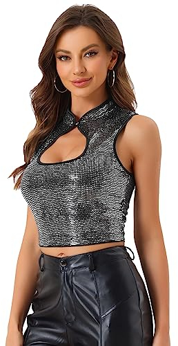 Allegra K Top sin Mangas Recortado en la Parte Delantera para Mujer Top Ajustado con Lentejuelas Sexy Color Plata S