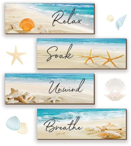 ZINYAZHE 4 Pieces Beach Bathroom Decor Ocean Beach Wall Decors Relax Soak Unwind Breathe Blue Wall Art Wooden Seashell Sea Beach Decorations for Bathroom Living Room Laundry Spa Washroom(12x3.5 Inch)