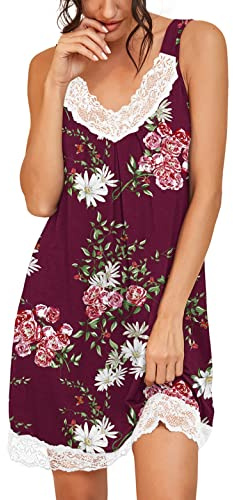 PrinStory Biancheria da notte da donna in pizzo con scollo a V camicie da notte per signore, Fp vinaccia, XL