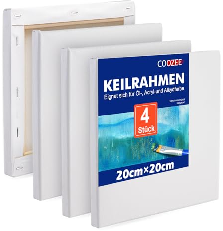 COOZEE 4 Stück Keilrahmen Set 20x20 cm- Säurefreie Leinwand Set aus 100% Baumwolle Leinwände 380 g/m² - Leinwand zum Bemalen für Acryl-, Aquarell-, Ölfarbe
