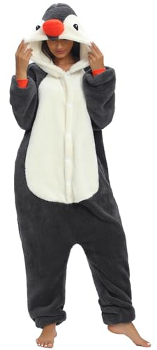 Combinaison Pyjama Femme Homme Pyjamas Onesies Cosplay Costume Kigurumi Deguisement Halloween Adulte Pyjama Pilou Pilou Chaud et Doux à Poches pour Carnaval Halloween Noel Jour de l'An, L Pingouin