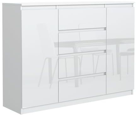 MebLocker Kommode mit 4 Schubladen 2 Schranktüren 120 cm Ideal für Wohnzimmer, Schlafzimmer, Kinderzimmer und Büro Moderne Elegante Lösung für stilvolle Aufbewahrung (Weiß mit Hochglanz-Fronte)