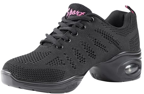 Linodes Women's Breathable Dance Sneaker with Split Sole and Air Cushion Jazz Dance Walking Shoes-Black-7.5M