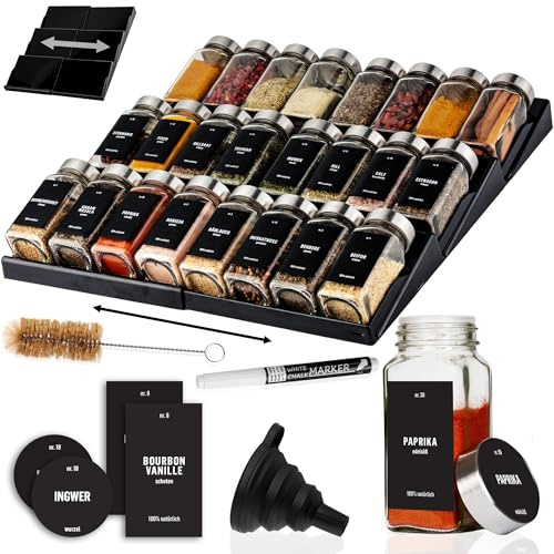 Deco haus Gewürzregal mit Gläsern [MIT 24 GEWÜRZGLÄSER & ETIKETTEN] - Gewürzregal Schublade ausziehbar - Gewürz Organizer Schublade - Gewürz Schubladeneinsatz Gewürze - Gewürzorganizer