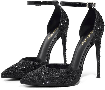 Zhabtuc High Heels, Women Pumps D'Orsay Ankle Strap Pointed Toe Stiletto Heels Rhinestone Party Wedding Shoes, Black Rhinestone, 5.5 UK