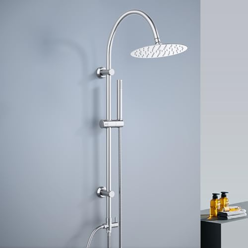 Görbach Colonna Doccia senza Miscelatore, set doccia a pioggia in acciaio inox con Soffione rotondo D20 cm e Doccetta a Mano, asta doccia vintage a forma di U Cromato