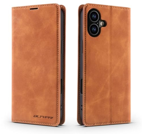 QLTYPRI Case for iPhone 16 6.1 inch, Premium PU Leather Cover TPU Bumper with Card Holder Kickstand Hidden Magnetic Adsorption Flip Wallet Case Cover for iPhone 16 - Brown