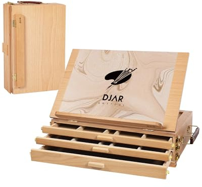DJAR Chevalet de table avec 3 tiroirs de rangement, réglable et portable en bois de hêtre, support de peinture pour adultes, étudiants, adolescents, naturel