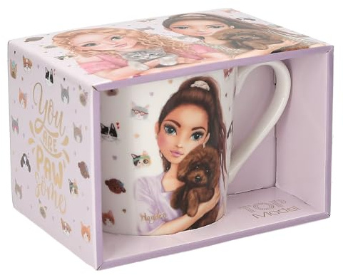 Depesche 13541 TOPModel Kitty and Doggy - Tazza in bianco, con motivo di modelli, cuori e animali, tazza in porcellana con manico, capacità circa 300 ml.