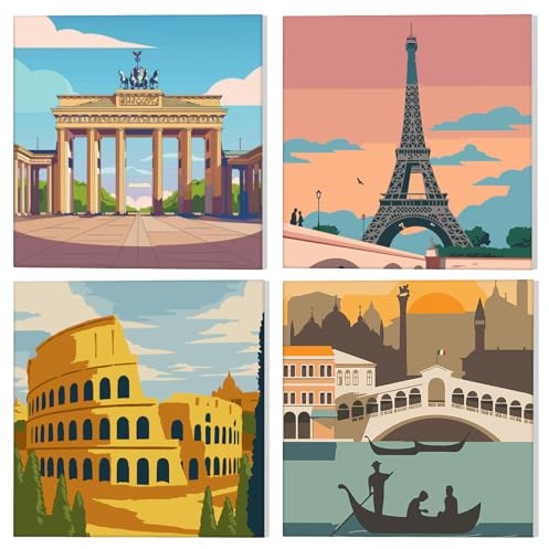 NAIMOER 4Pack Travel Painting by Numbers with Frame for Adults Kids, Paint by Numbers Scenic Spot for Kids Ages 8-12, DIY Acrylic Painting Children Beginner Gifts Home Wall Decor 20x20cm
