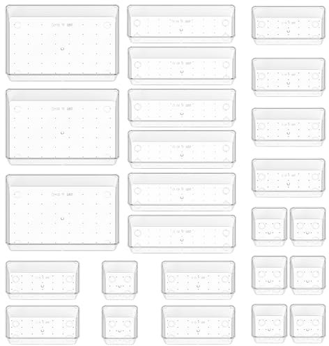 Quirlig Organizer Cassetti 25 Pezzi, Contenitori per cassetti in Plastica Trasparente di 4 Dimensioni, Divisori per Cassetti Impilabili per Bagno, Cucina, Trucchi