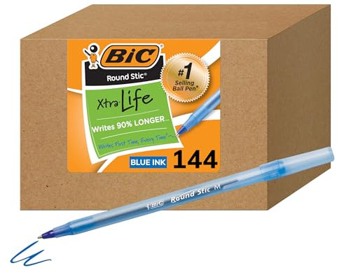 BIC Round Stic Xtra Life Blue Ballpoint Pens, 144-Count Pack of Bulk Pens