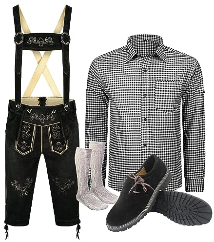 ALL THE GOOD S3 Trachtenset (Hose +Hemd +Schuhe +Socken) Bayerische Lederhose Trachtenhose Oktoberfest Leder Hose Trachten (Hose 50 Hemd 40/41 Schuhgröße per Email)