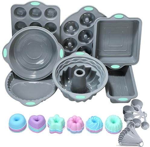 To encounter 31 Stück Silikon Backformen Set – 7 Silikon Backformen 24 Muffin Donut Formen, Antihaftbeschichtete mit Metallverstärktem Rahmen, Mehr Stärke, Hellgrau