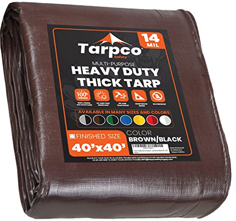 Tarpco Safety Heavy Duty 245 GSM/ 14 Mil Tarp Cover, Waterproof, UV Resistant, Rip and Tear Proof, Poly Tarpaulin with Reinforced Edges for Roof, Boat (Brown/Black 40′ X 40′ | 12.2m X 12.2m)