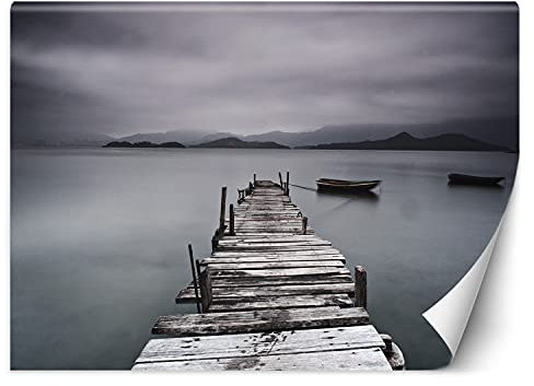 Feeby Fototapet Båtar Moln Dimma 300x210 cm Grått Modern Fleece Vägg Tapet Spa Restaurant Hotel Kontor Kök Hall Sovrum Vardagsrum Den Gamla Piren Vid Sjön