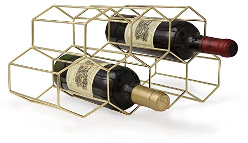 FOMANSH Botellero de Vino apilable de Metal,Soporte para Estante para Botellas de Vino,Almacenamiento de Vino de Mesa para Exhibición,Organizador de Vinos para Hogar,Cocina,Bar,Bodega,Oro,2 Niveles