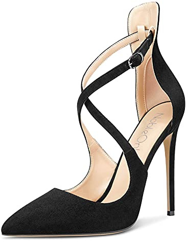 NobleOnly Scarpe col Tacco Donna Cinturino alla Caviglia Fibbia Tacco a Spillo 12CM High Heels Nero Scamosciato Scarpe EU38
