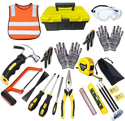 QeeHeng Kinder-Werkzeug-Set, Holzbearbeitungswerkzeug-Set, 30 Stück Baumeister Kinder Echte Handwerkzeuge Kit BAU Lernen Zuhause DIY Spielen für Anfänger Lernen Geschenk