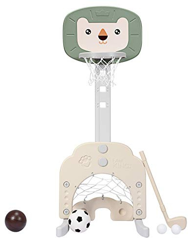 RELAX4LIFE Set Canestro Basket per Bambini 3 in 1 con Altezza Regolabile, Porta da Calcio e Golf, per 2-6 Anni, Interno (LEONE VERDE)