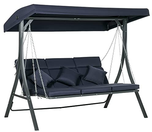 Outsunny Hollywoodgunga 3-sits, gungbänk med justerbart soltak, trädgårdsgunga med kudde, kan belastas upp till 270 kg, metall, textelin, mörkblå, 198 x 118 x 168 cm