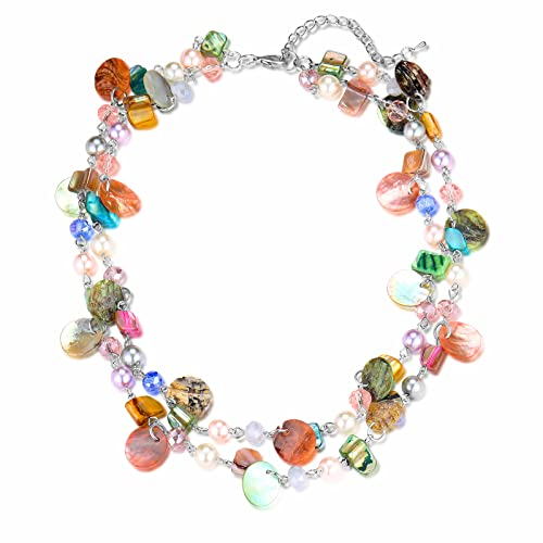 FULU AUTUMN Kristall Perlenkette Boho Muschelkette Damen Statement Bunte Mehrreihige Halskette Modeschmuck Geschenke für Fraue(Colorful)