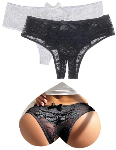 ohyeahlady Perizoma Donna Pizzo Taglie Forti String Tanga Hot Mutande Brasiliana Curvy Morbide Biancheria Intima Bikini Intimo Traspirante Panties Slip Thongs Bassa Underwear con Fiocco Nero+Bianco,L