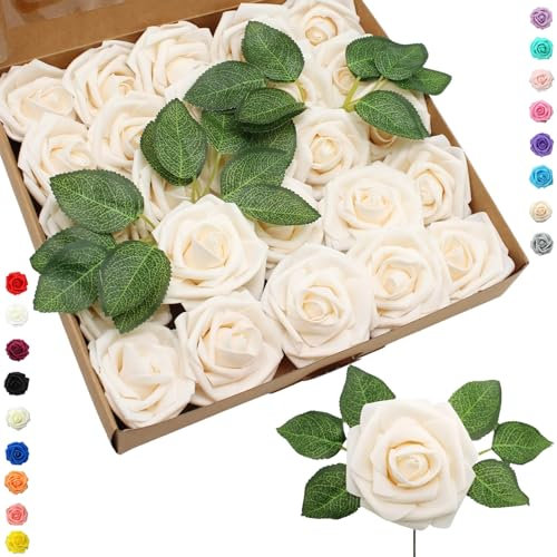 25 pièces Fleurs Artificielles Roses Artificielles Champagne,Mousse Faux Roses avec Tiges Décoration Florale pour Anniversaire Mariage Gâteau Fête Jardin Artisanat Douche Nuptiale Saint Valentin