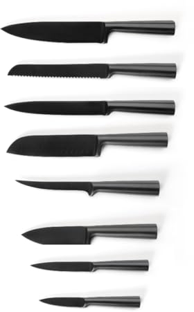Qdesign - Lot de 8 Couteaux Acier Inoxydable - Couteaux de Chef, à Pain, Trancheur, Désosser, Santoku, à Légumes, d'Office, Petit Couteau de Cuisine - Noir Mat