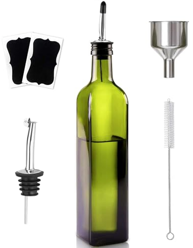 Showvigor Bouteille Huile 500 ml Distributeur D'huile D'olive, Entonnoir en Acier Inoxydable et Étiquettes, Récipient pour Bouteille D'huile D'olive pour Cuisine et Barbecu (Vert)