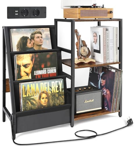 Bikoney Meuble Platine Vinyle avec Prise de Courant, Table d’Appoint à 3 Niveaux pour Tourne-Disque et Rangement jusqu’à 200 Albums, Support Design pour Disques et Salon