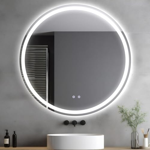 Clevich Miroir de Salle de Bain Rond avec éclairage 60 cm, Miroir Mural de Salle de Bain, 3 Couleurs de lumière, intensité Variable, avec Interrupteur Tactile et désembuage